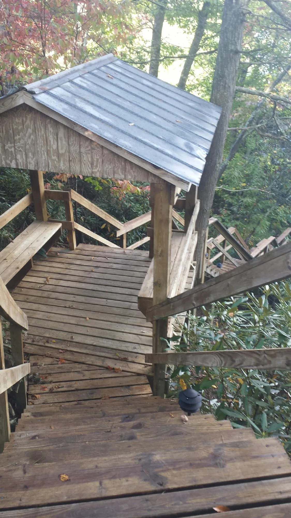 Metal roofed shelter over wooden steps on a wooded walkway — Skylight Repair & Installation work by our crew in Oysterville